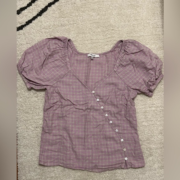 NWOT Madewell linen-blend puff-sleeve button-wrap top in plaid - Picture 2 of 4